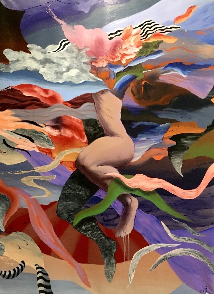 A surreal painting of a nude figure floating amidst swirling clouds and abstract shapes.