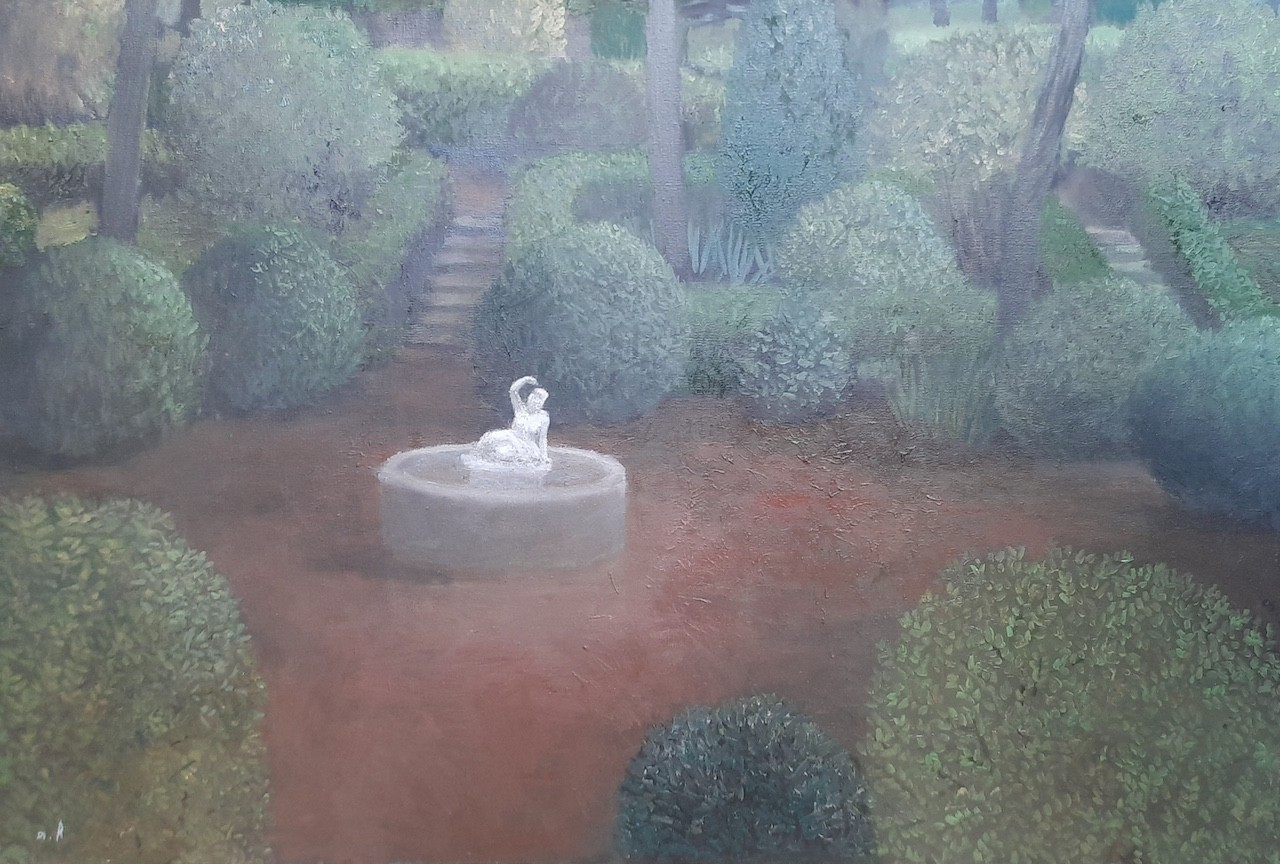 A misty garden scene featuring a white statue in a fountain surrounded by manicured hedges.