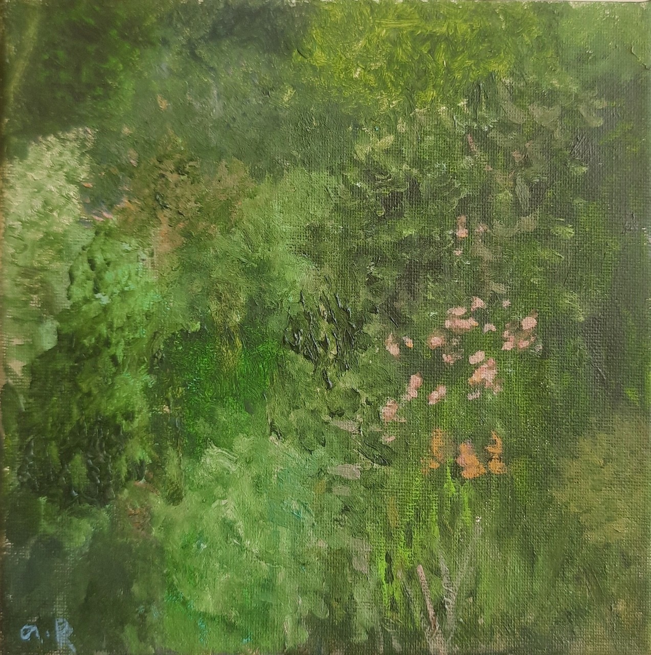 A textured oil painting of a dense, verdant landscape with hints of pink and orange foliage.