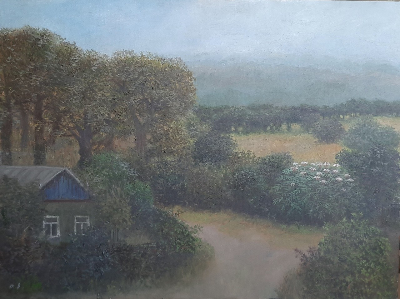 A misty rural landscape featuring a small house, dense foliage, and distant hills.