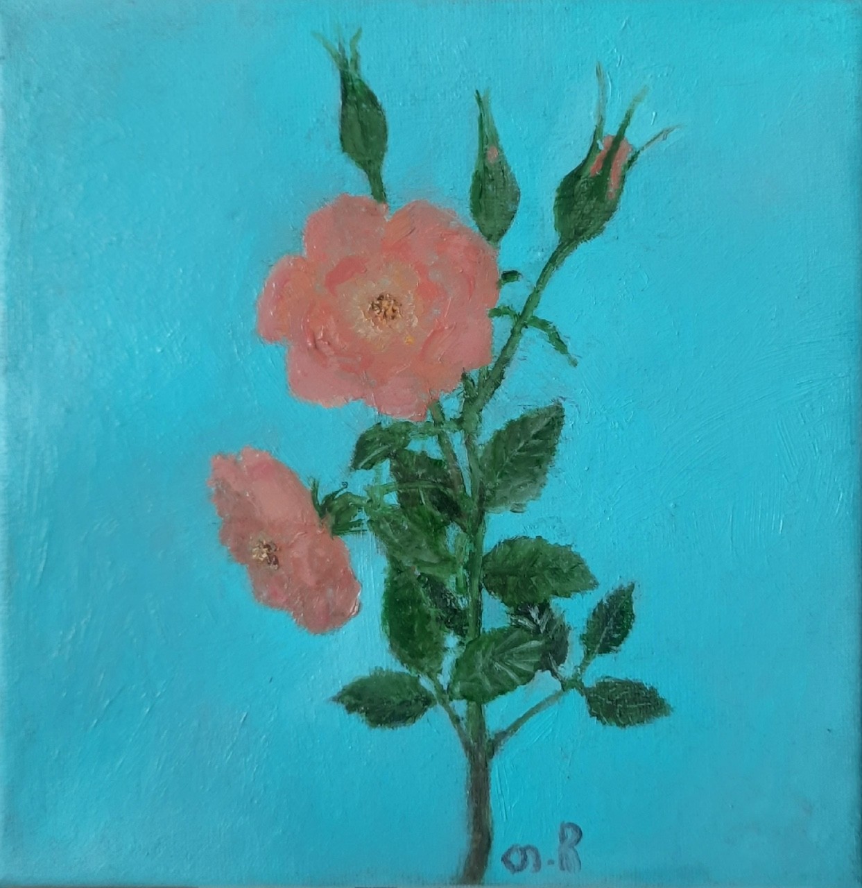 A vibrant oil painting of a rose stem against a bright turquoise background.