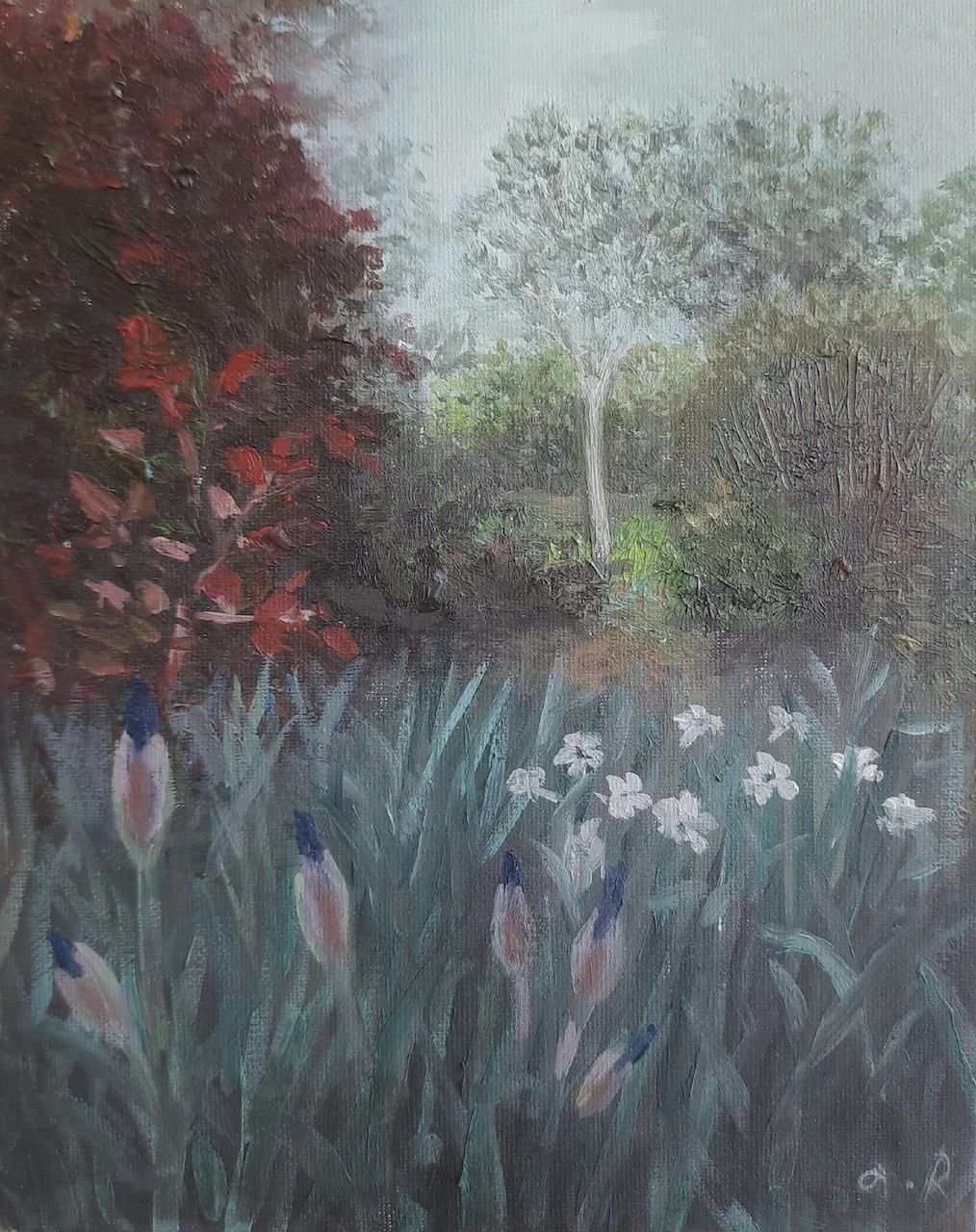 A textured landscape painting featuring a garden with white flowers and tall grasses under an overcast sky.