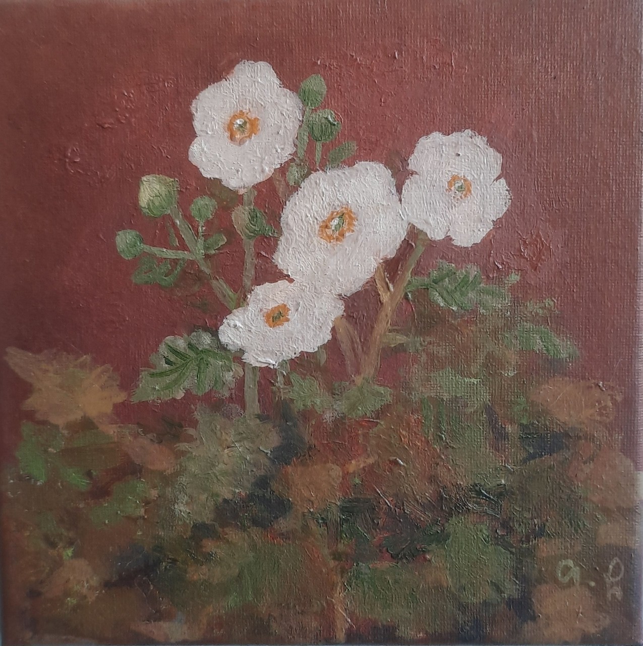 A textured oil painting of white flowers against a deep red background.