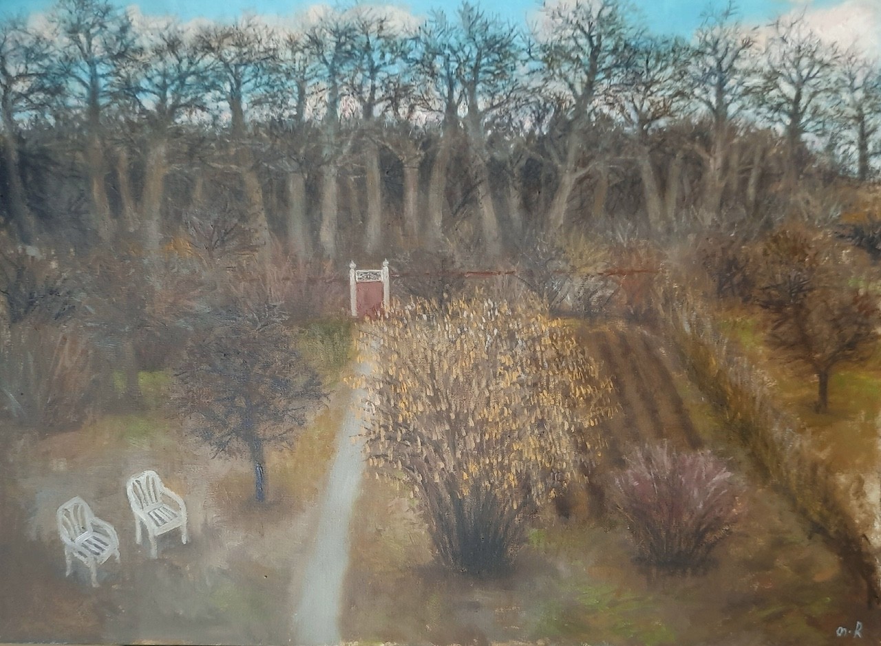 A misty garden scene with white chairs and a distant gate.