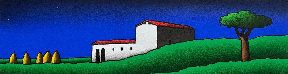 A painting of a white building on a hill with trees in the background.