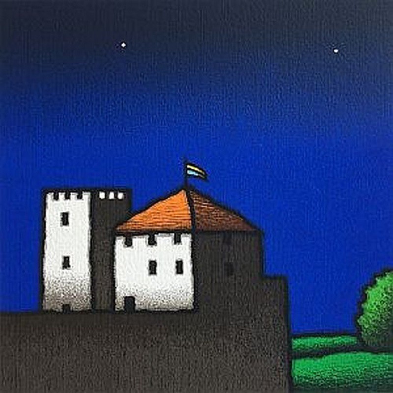 A painting of a castle with a flag on top of it.