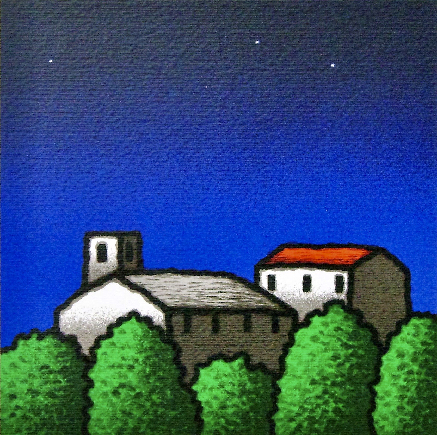 A painting of a house in the middle of a forest.