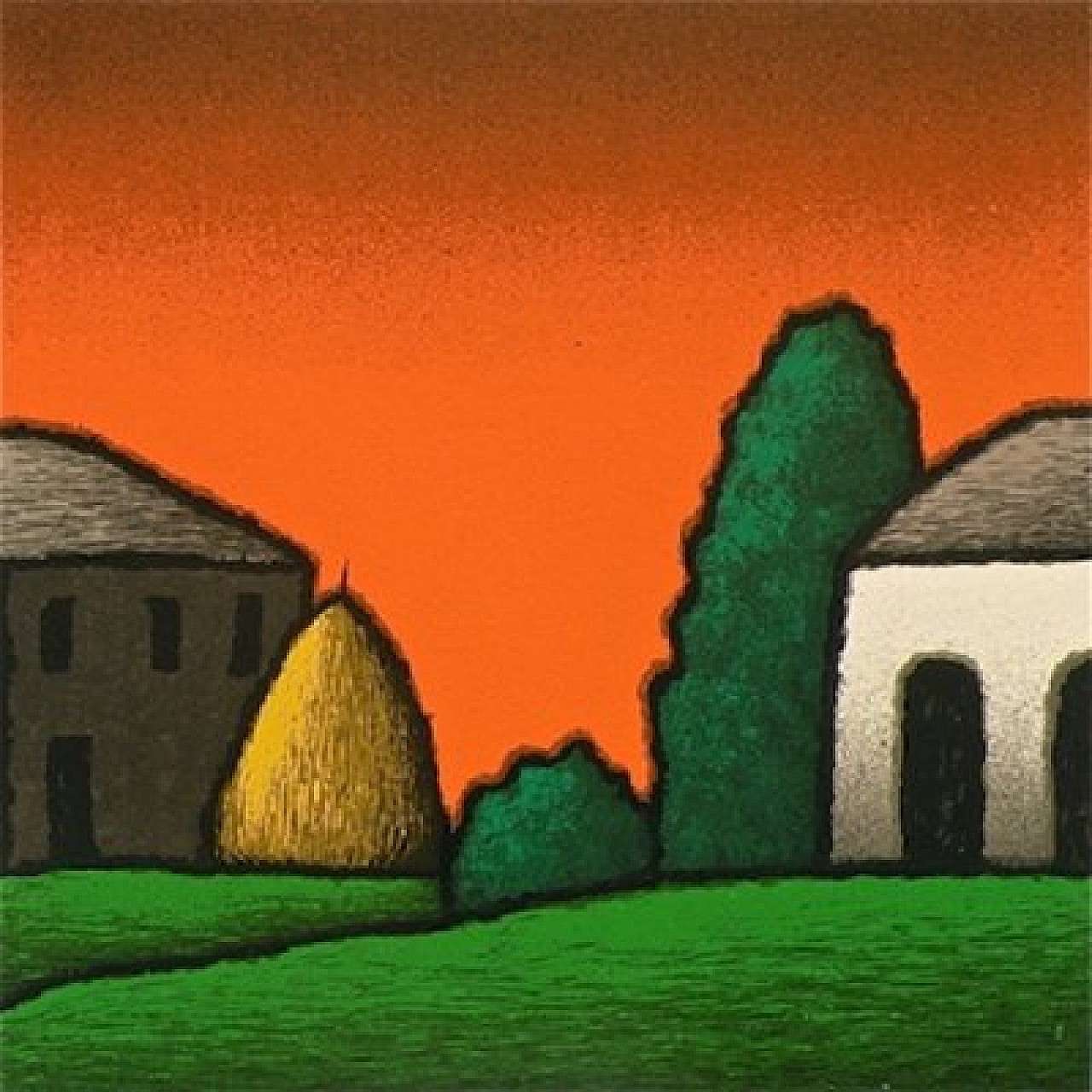 A painting of two houses in a field with hay bales.