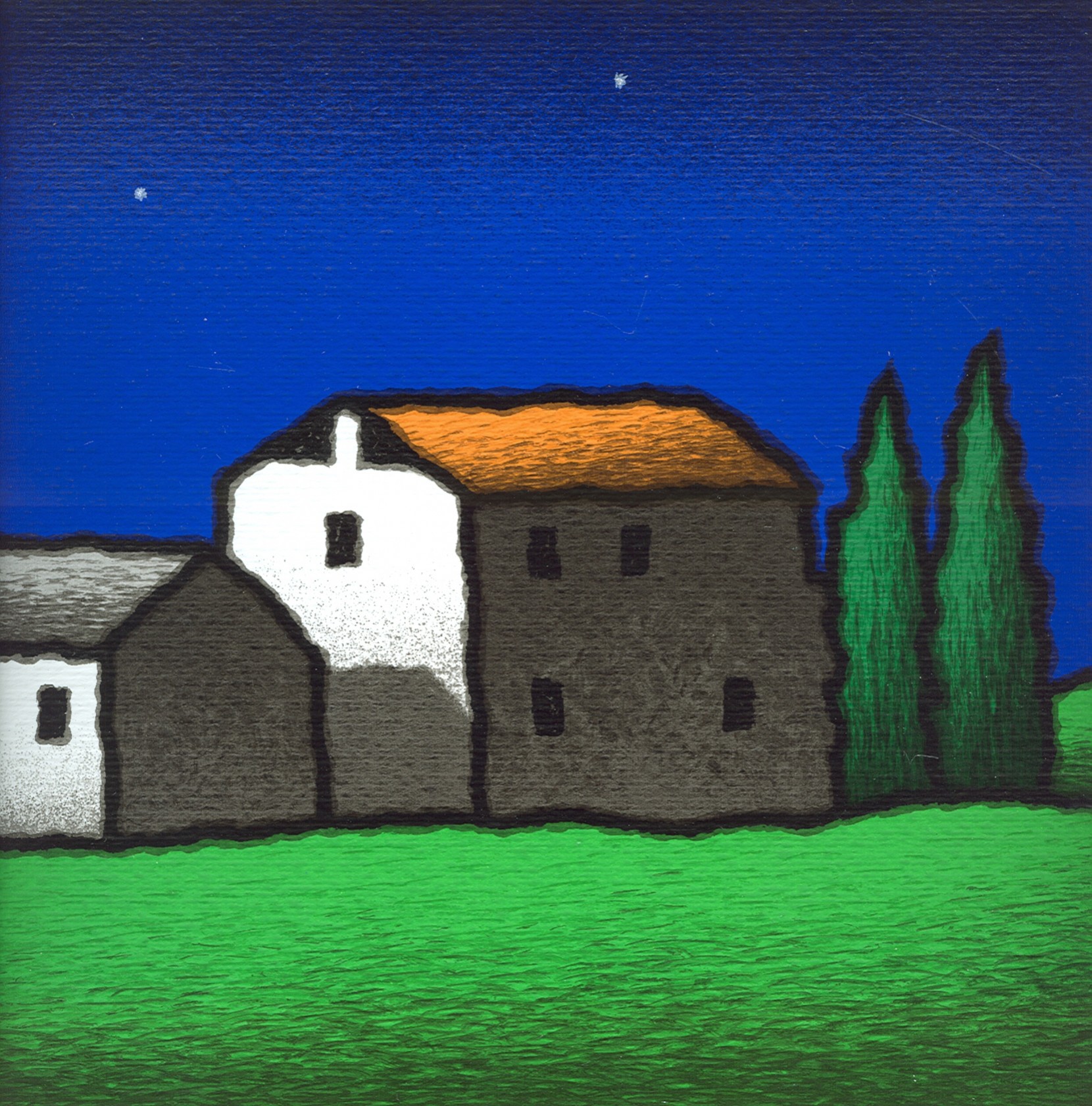 A painting of a house in the middle of a field.