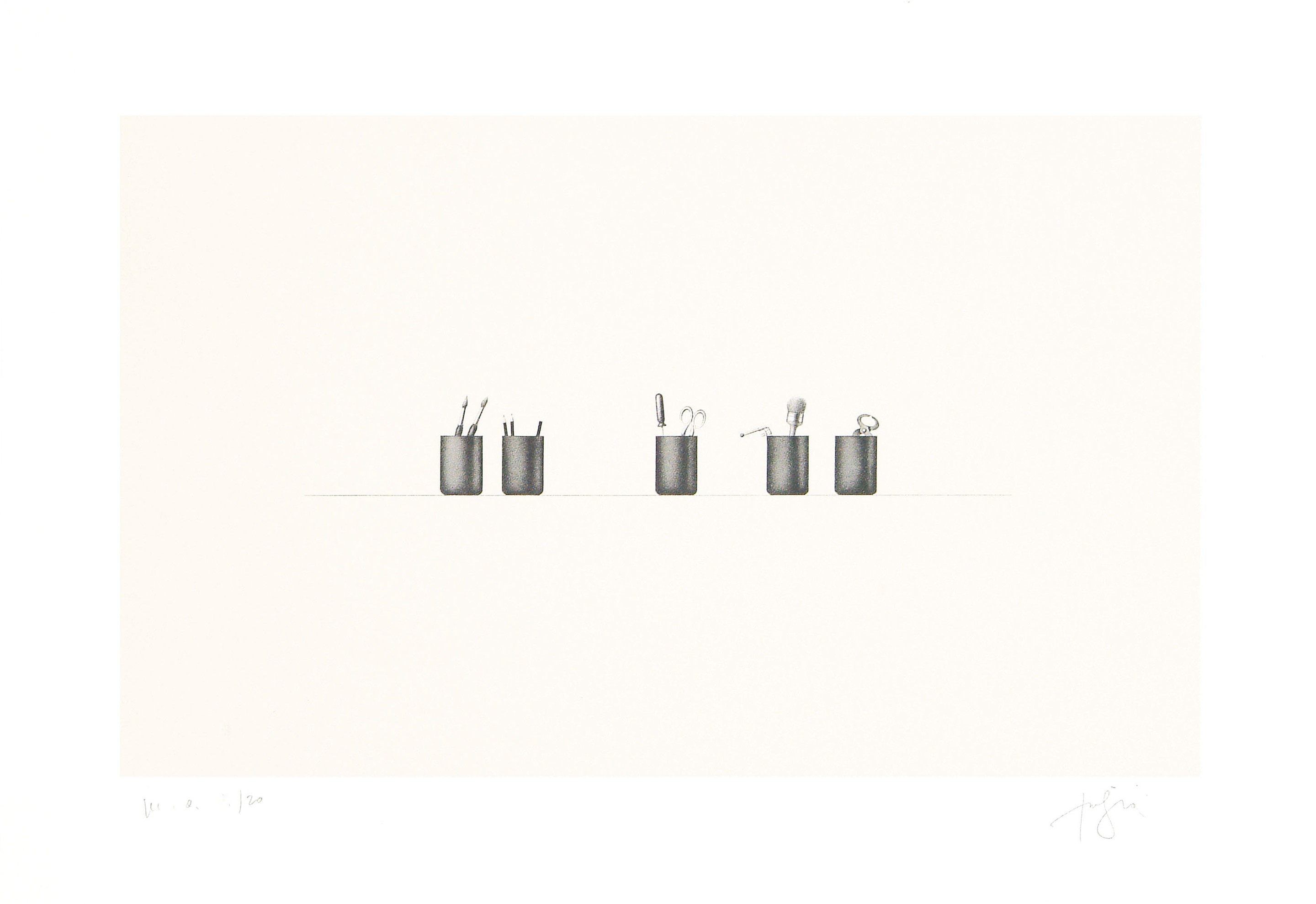 A black and white drawing of three pencils on a shelf.