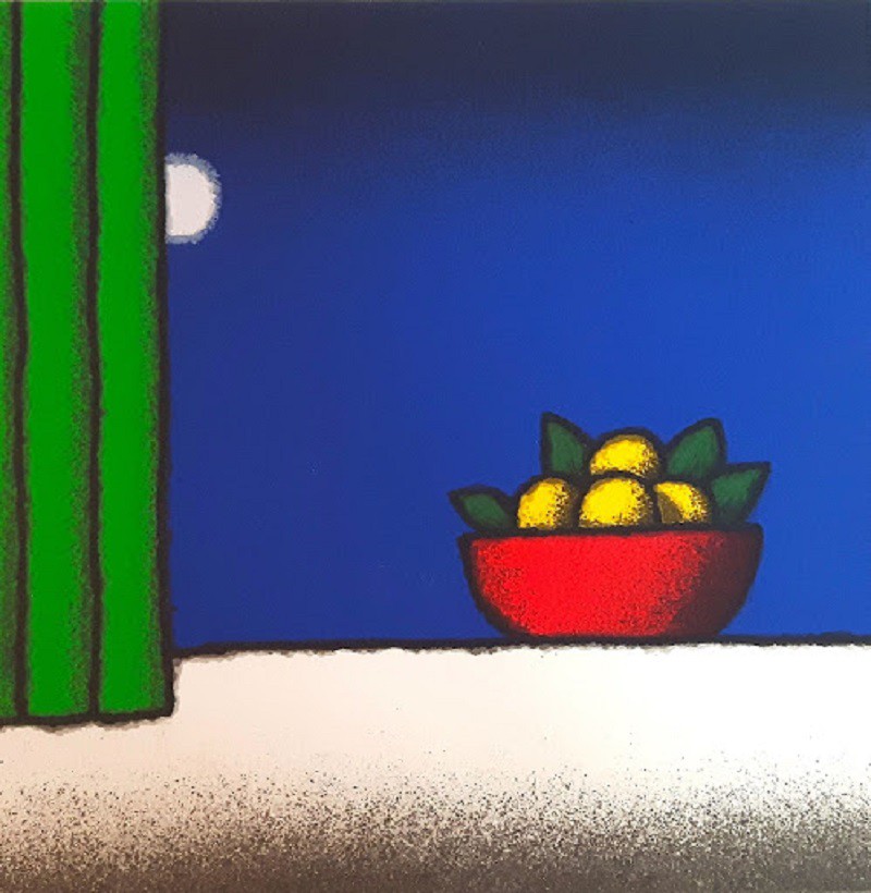 A painting of a bowl of lemons sitting on a window sill.