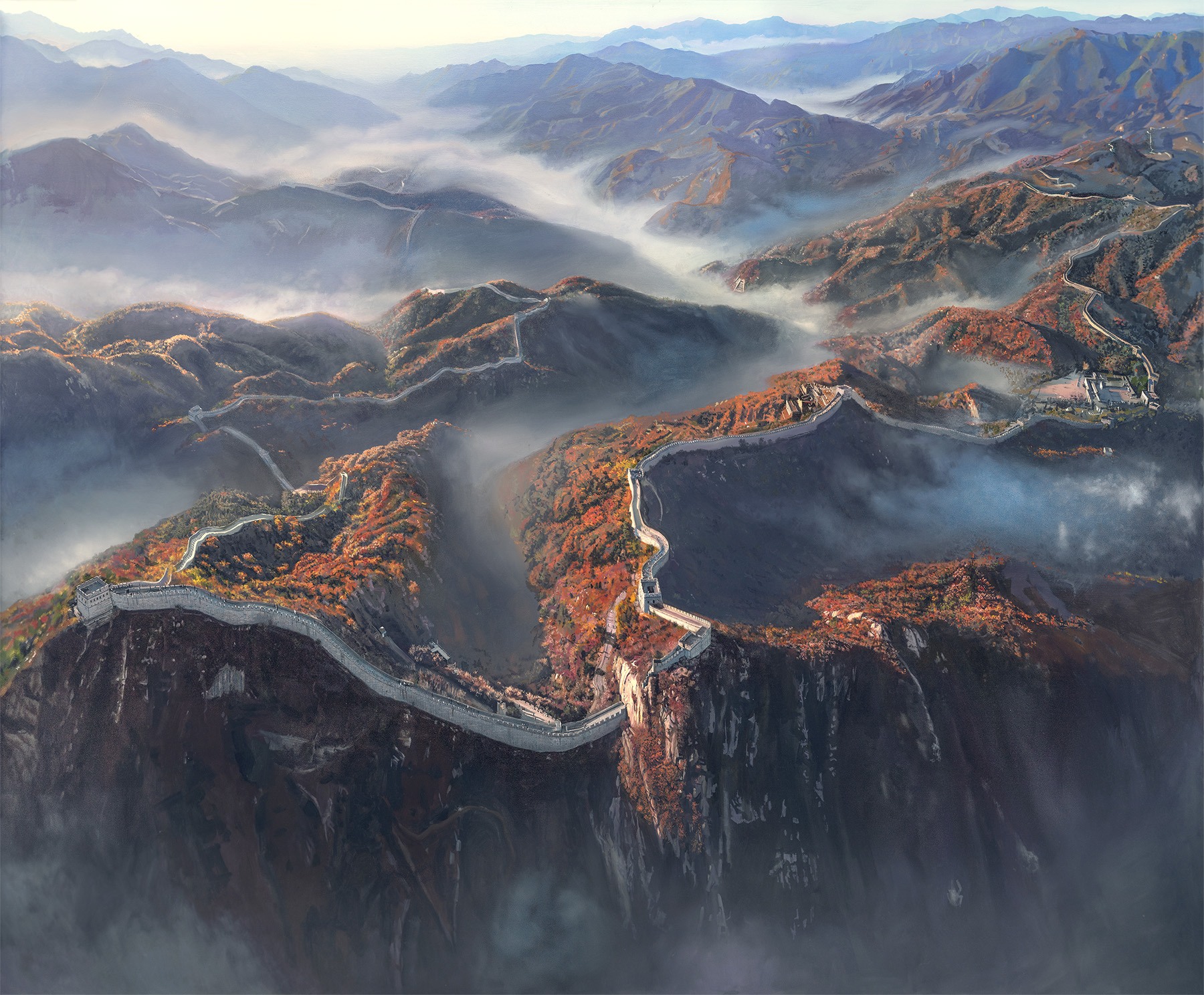 A view of the Great Wall of China from the top of a mountain.