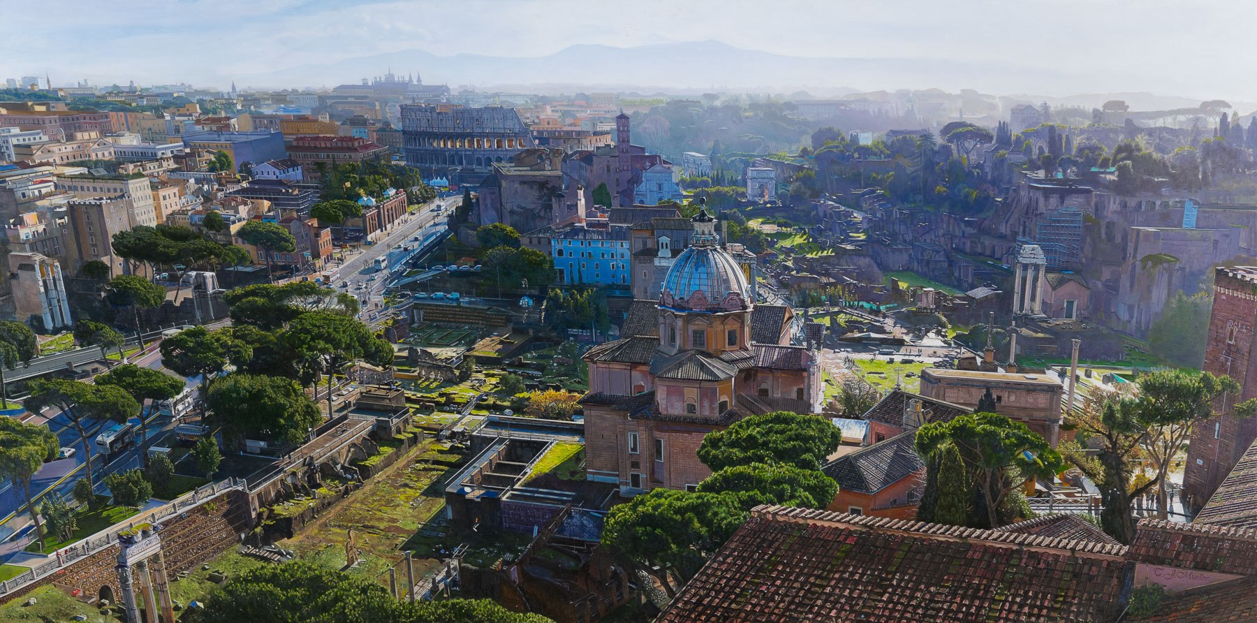 A view of the city of Rome from the top of a hill.