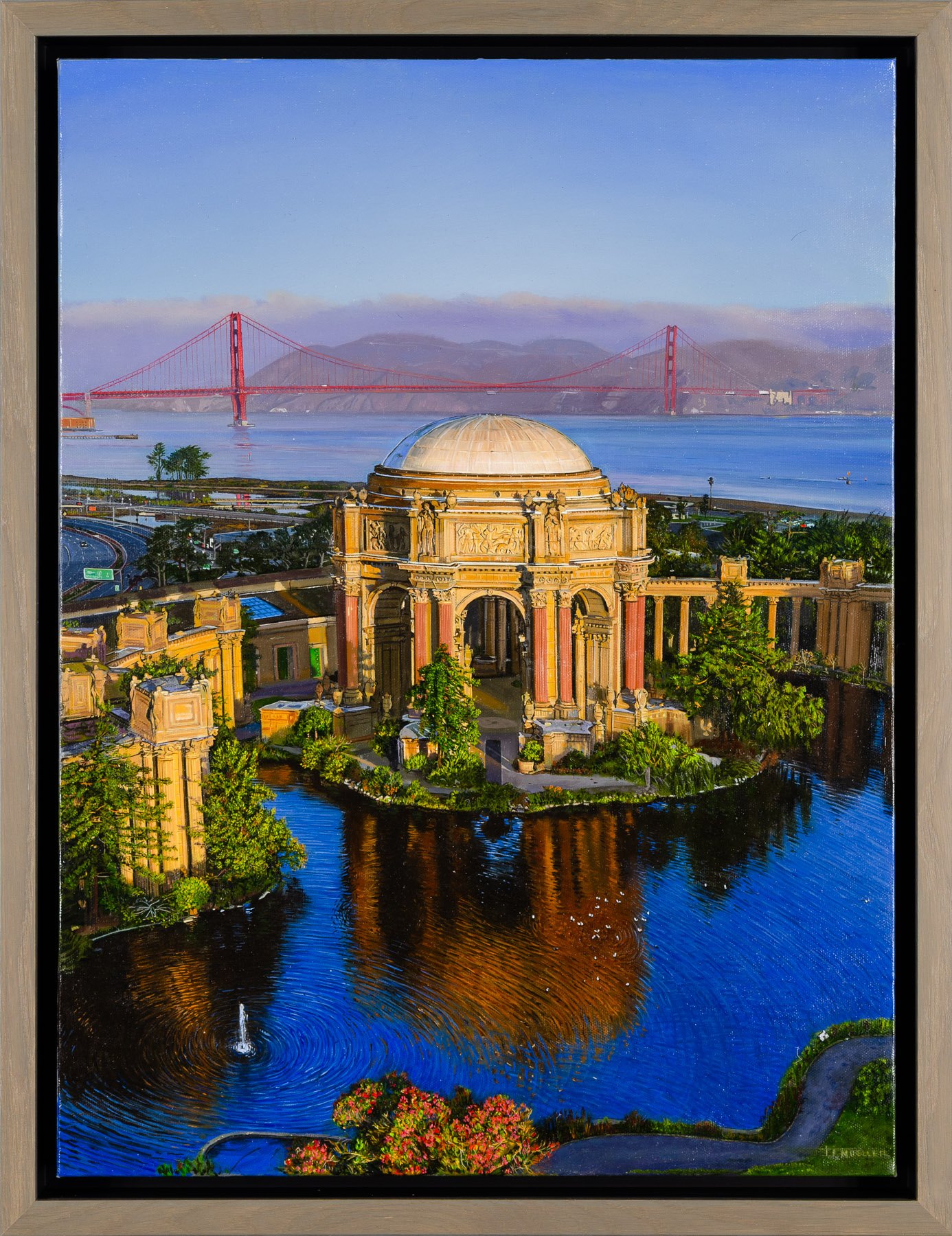 A miniature architectural scene featuring a classical domed pavilion surrounded by water, with a distant suspension bridge visible in the background.