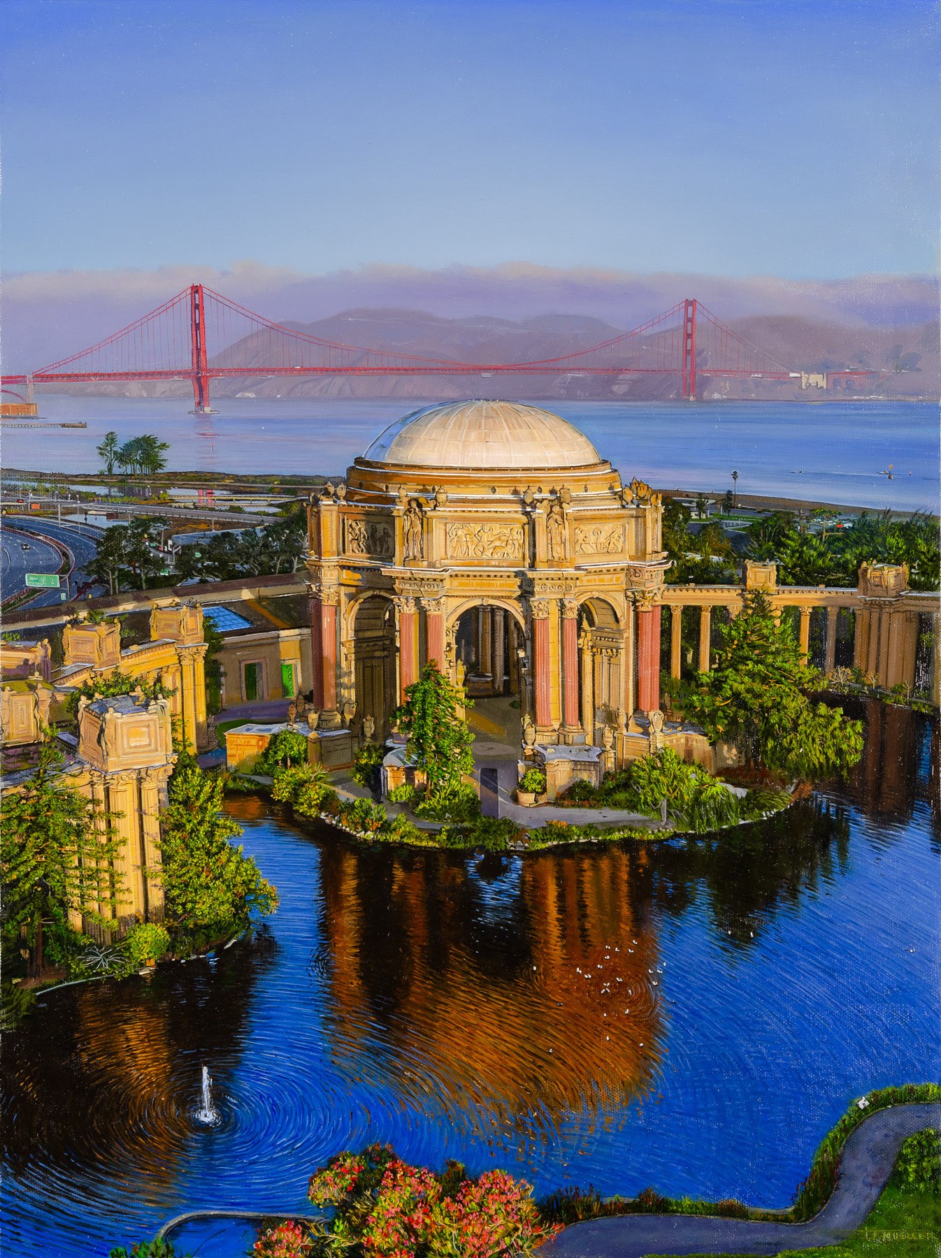 A miniature architectural scene featuring a classical domed pavilion surrounded by water, with a distant suspension bridge visible in the background.