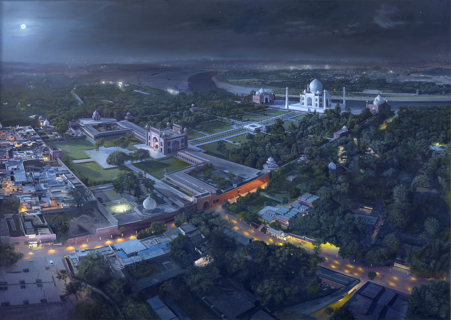 An aerial view of a city at night with a full moon in the sky.