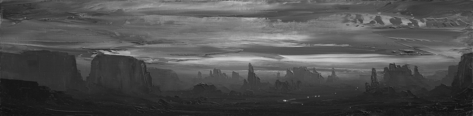 A black and white painting of a cloudy sky over a city.