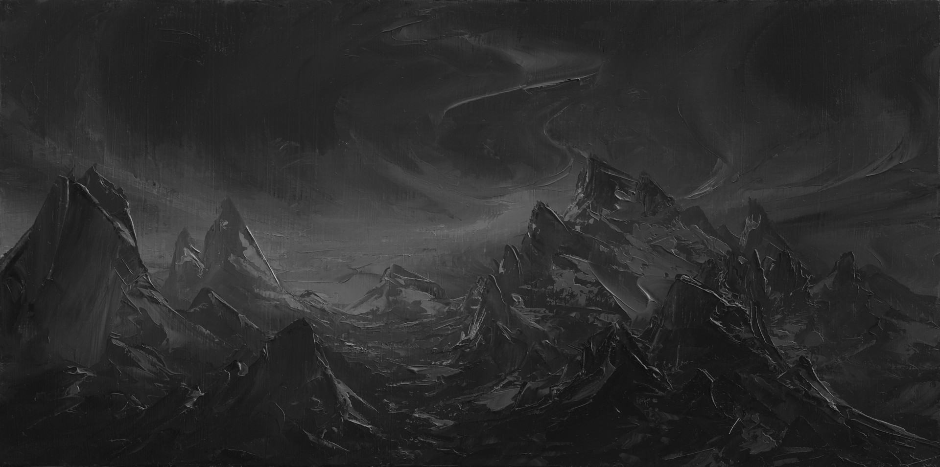 A black and white painting of a mountain landscape.