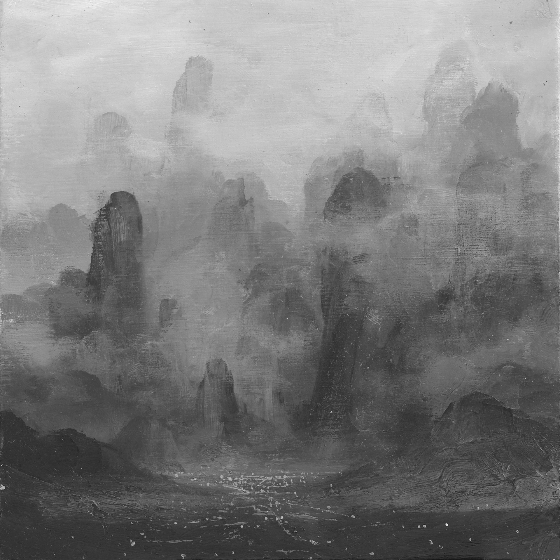 A black and white painting of a mountain landscape.