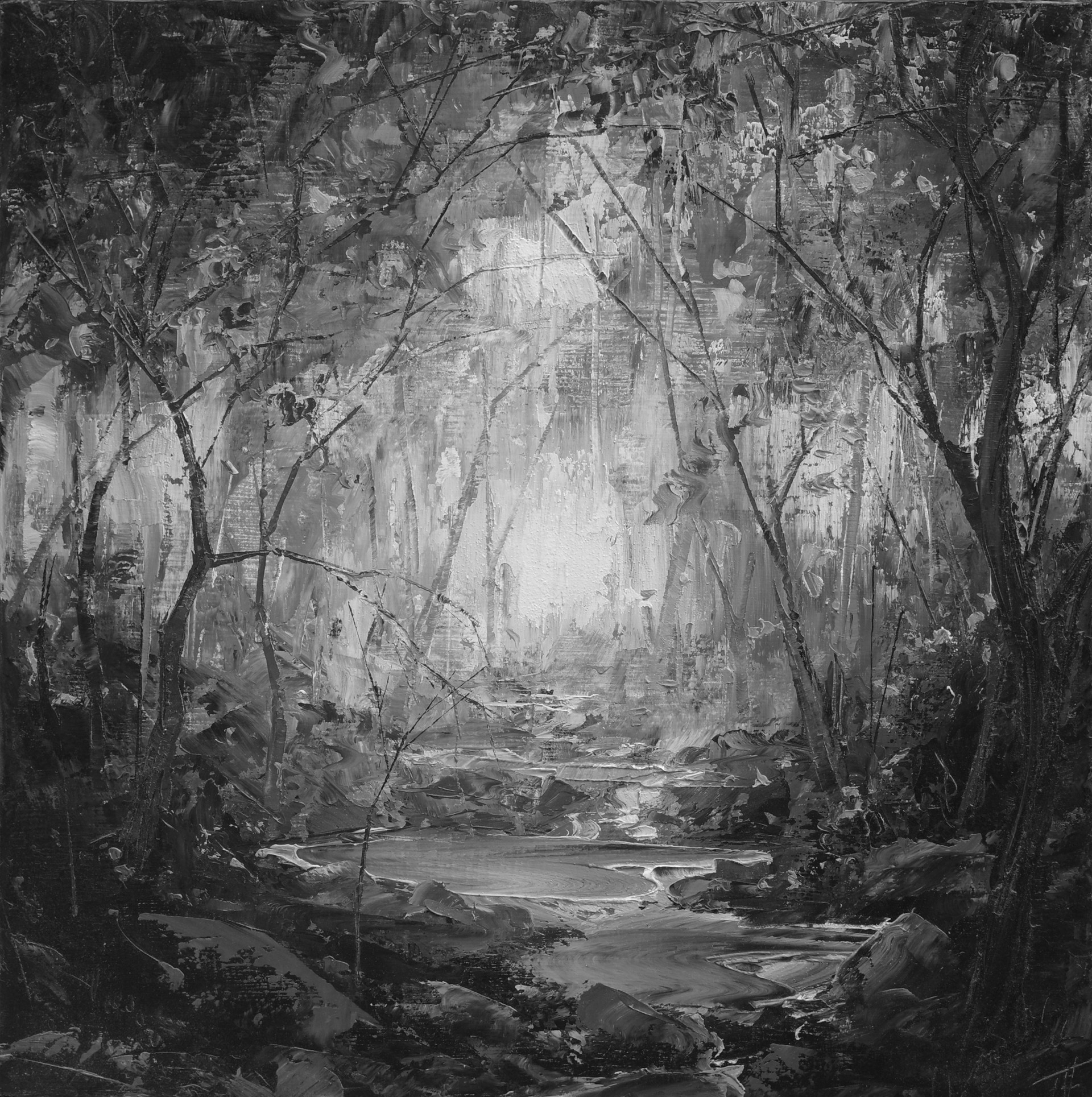 A black and white painting of a stream in the woods.
