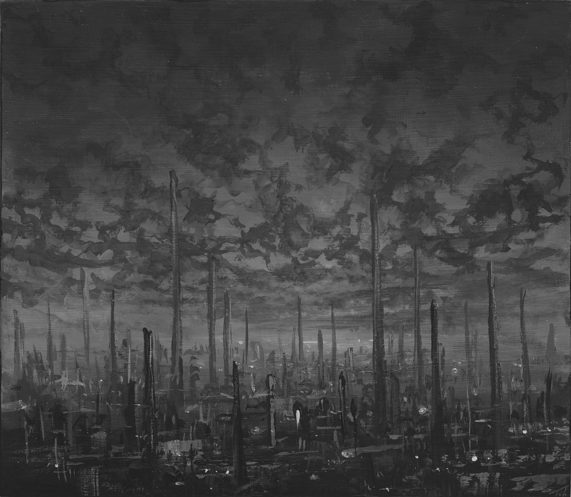 A monochromatic painting of a desolate landscape filled with dark, vertical tree trunks.
