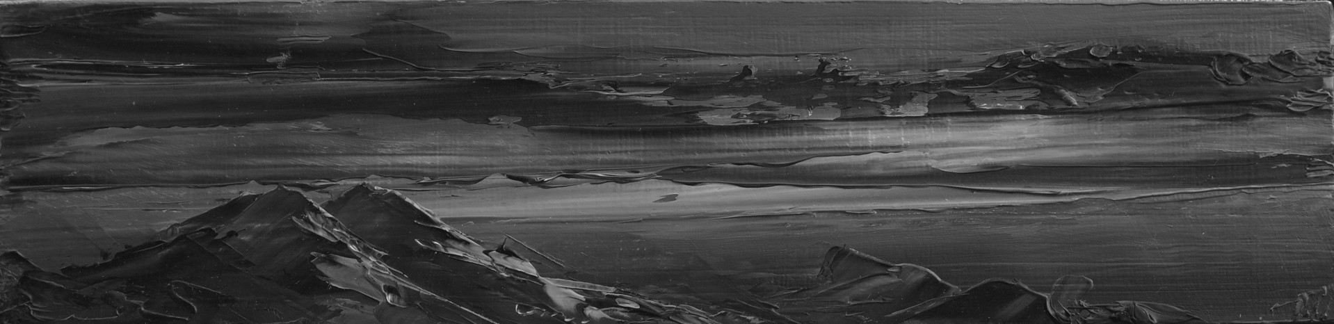 A black and white painting of a mountain range.