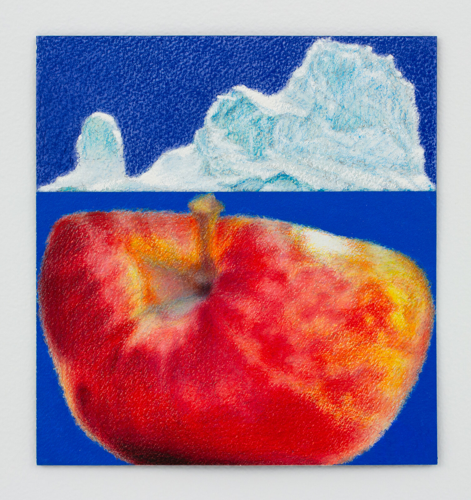 A surreal pastel composition juxtaposes a red apple against a deep blue background with white mountain peaks.