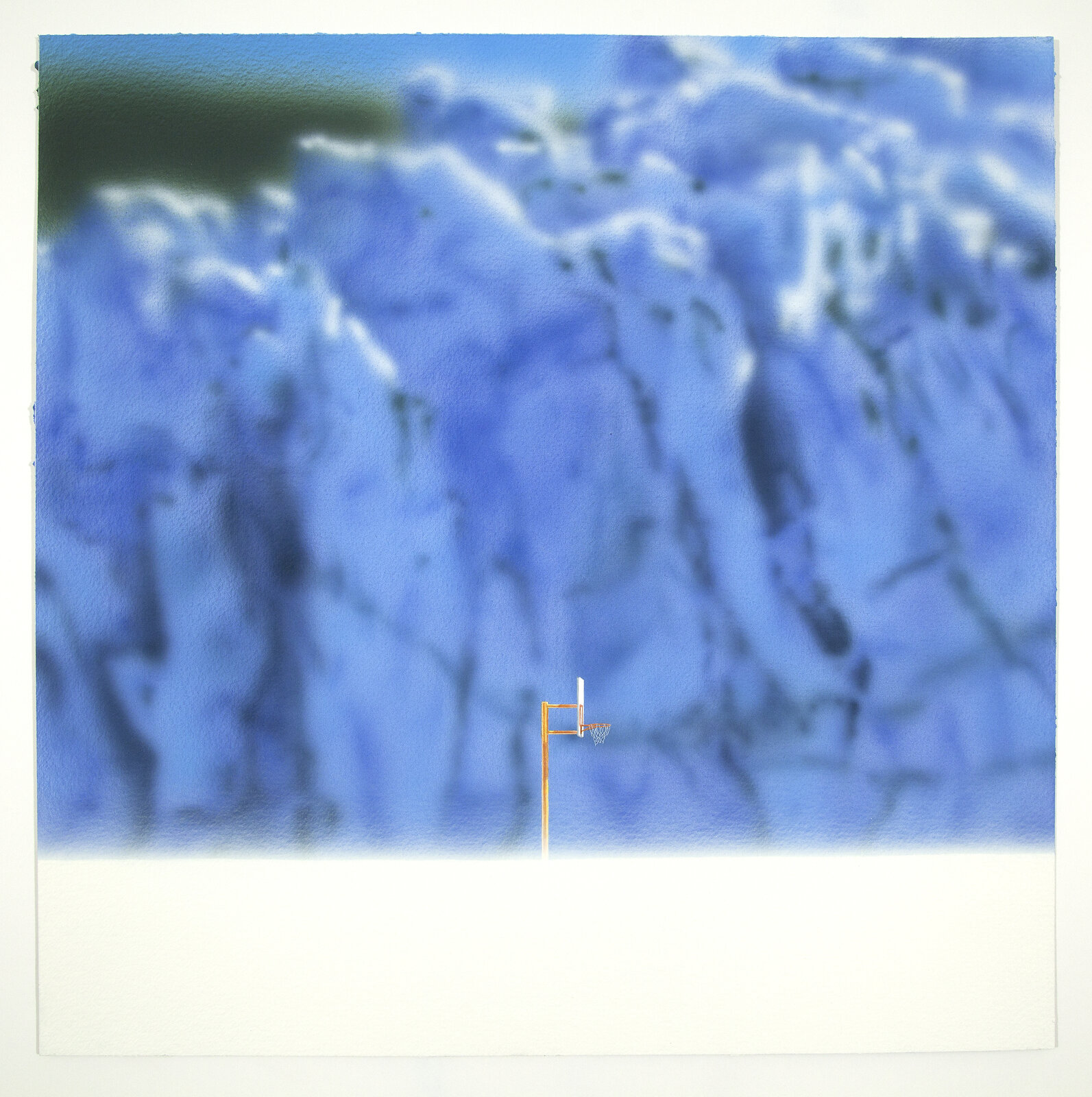 A surreal composition featuring a basketball hoop standing alone against a vast, abstract blue background.