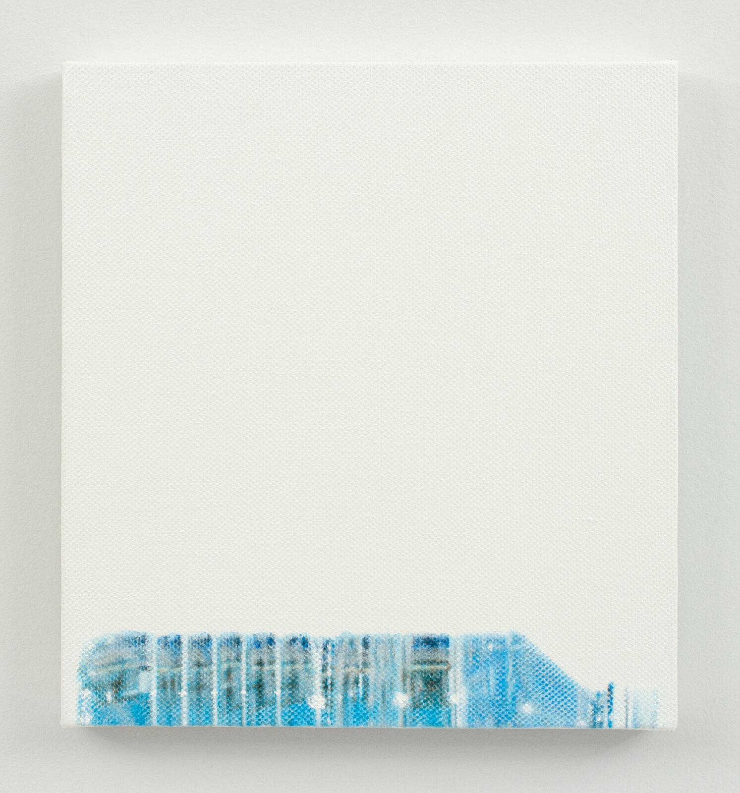 A minimalist canvas featuring a distant blue city skyline against a vast white void.