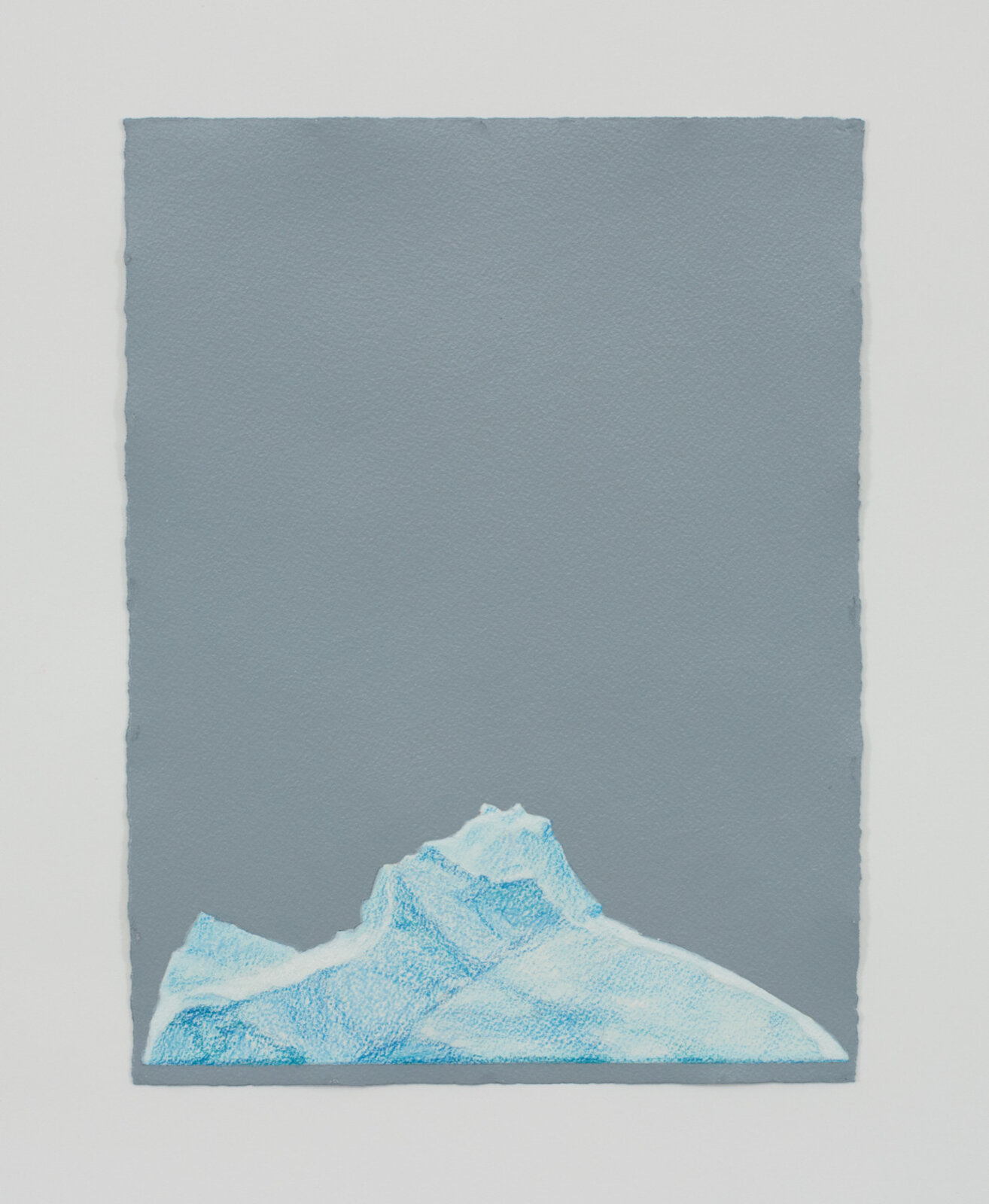 A minimalist drawing of a snow-capped mountain peak against a muted blue background.