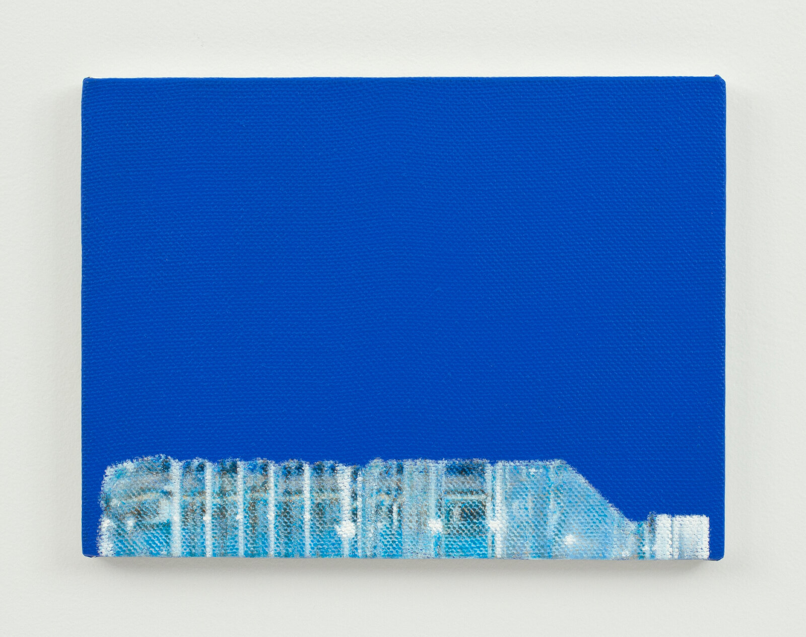 A minimalist painting featuring a translucent blue bottle against a solid royal blue background.