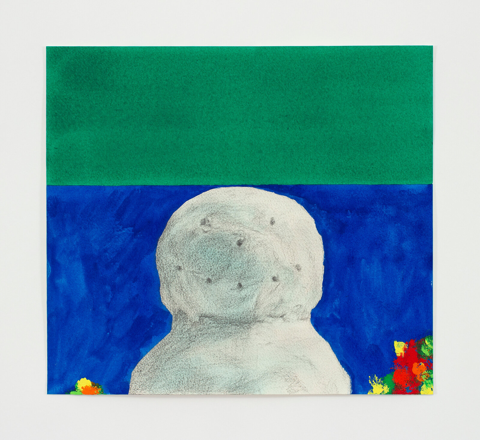 A textured figure stands in a split-color field of green and blue, with colorful abstract shapes at the base.