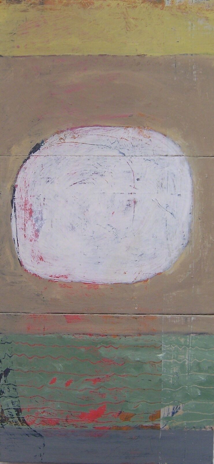 An abstract composition featuring a central white oval shape against layered horizontal bands of muted earth tones and greens.