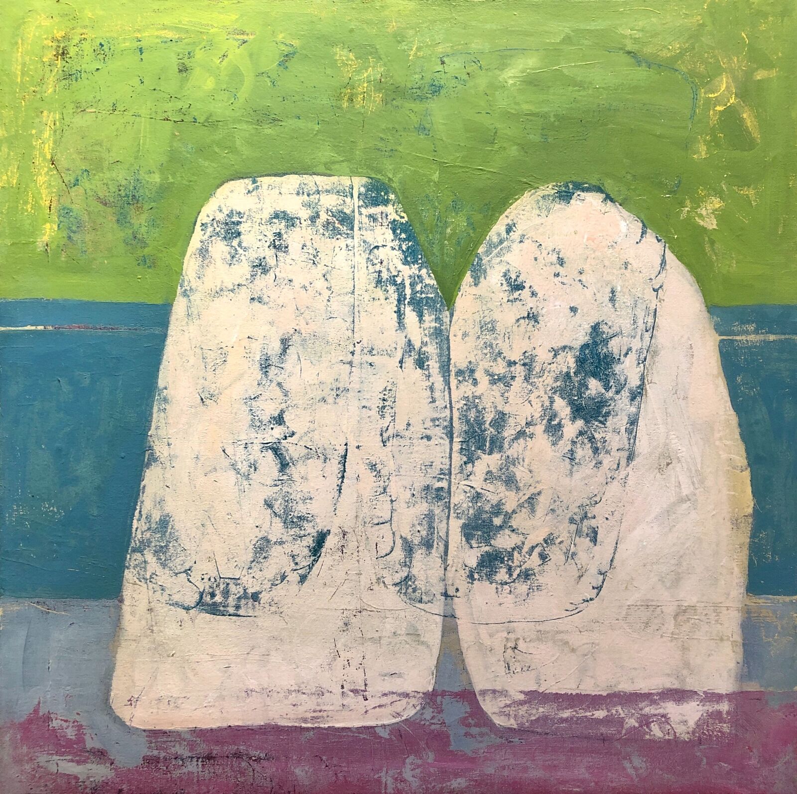 A textured abstract painting featuring two large, pale shapes against a layered background of green, blue, and purple.