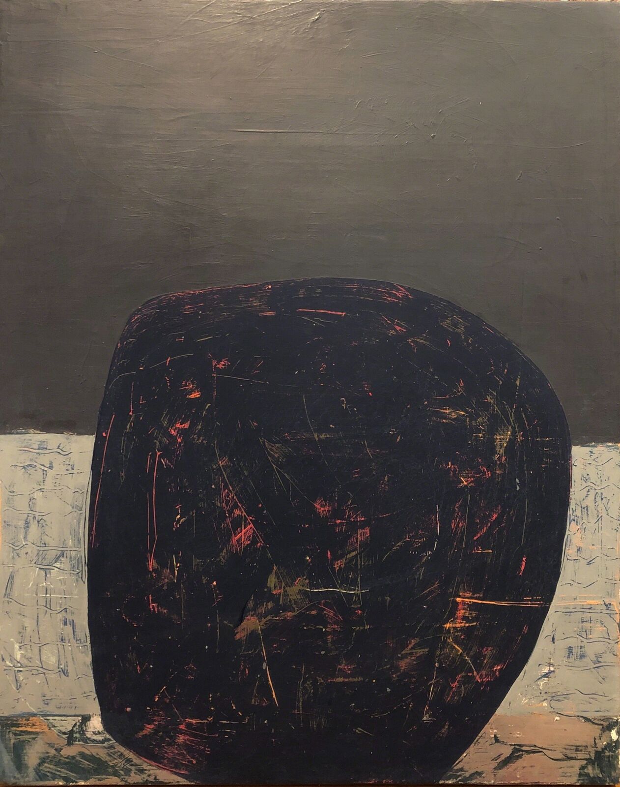 A dark, textured abstract painting featuring a central rounded form against a split background.