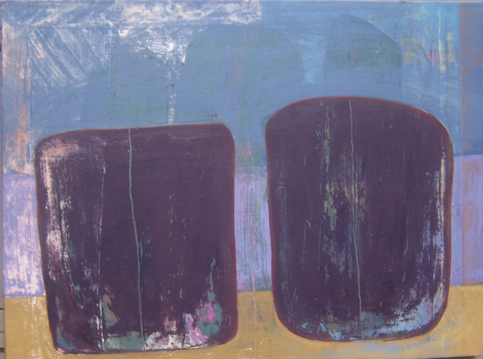 A textured abstract painting featuring two dark purple rounded rectangles against a layered blue and yellow background.