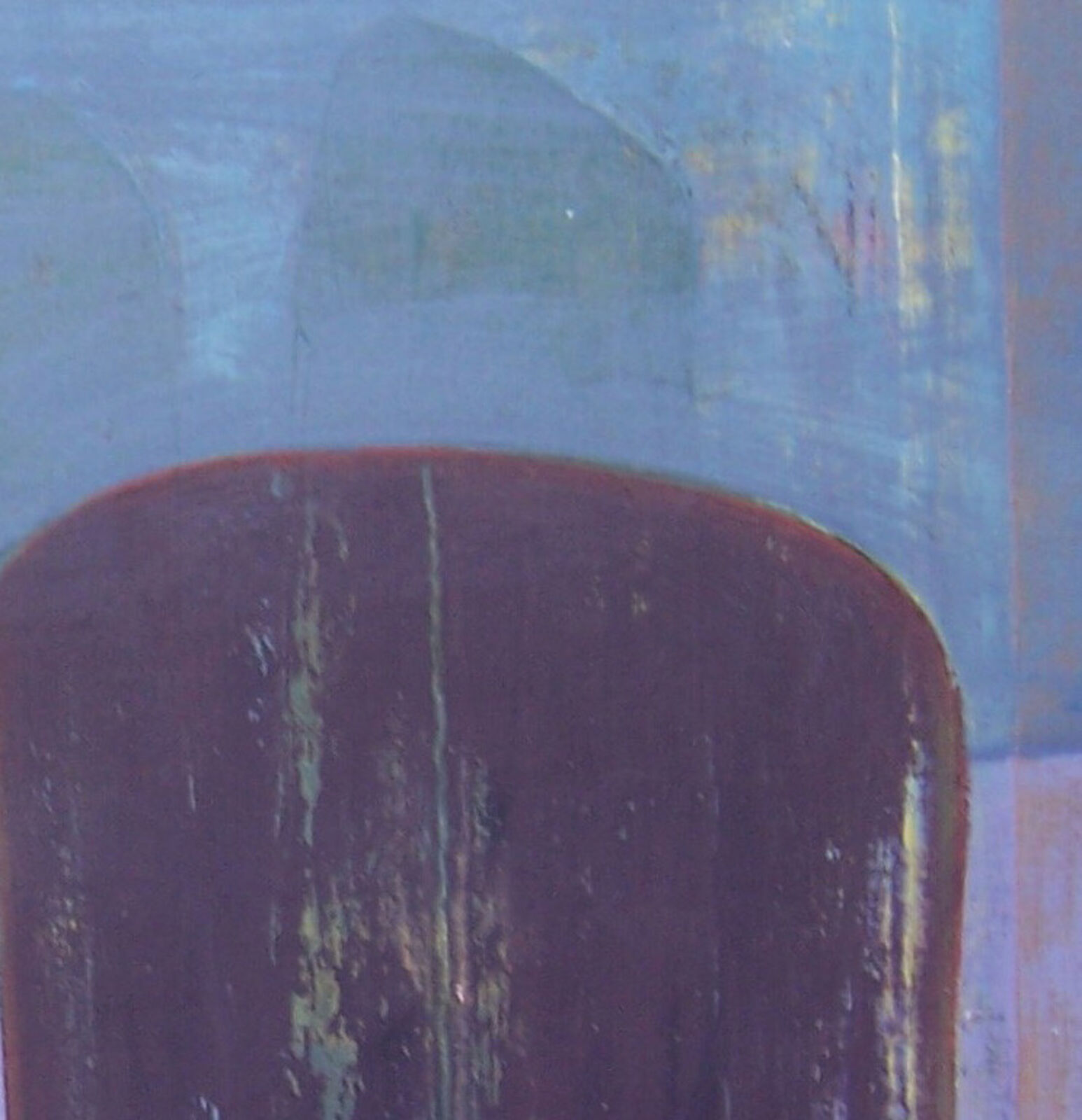 A textured abstract painting featuring two dark purple rounded rectangles against a layered blue and yellow background.