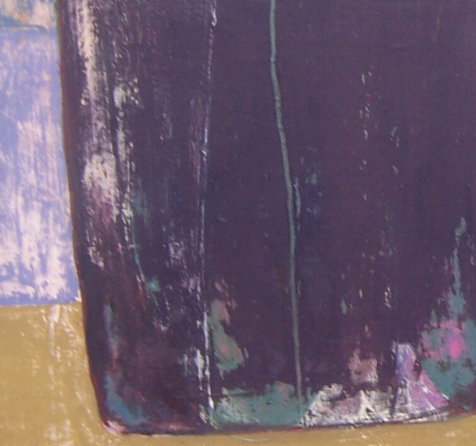A textured abstract painting featuring two dark purple rounded rectangles against a layered blue and yellow background.