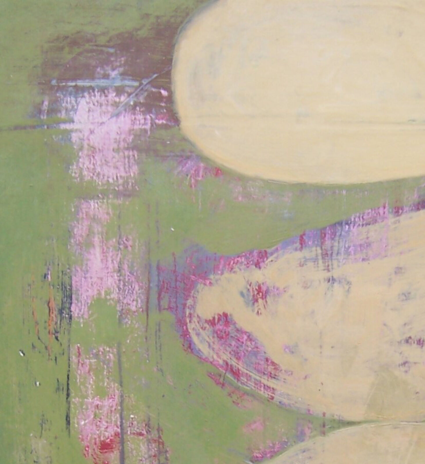 An abstract composition featuring three pale, rounded forms against a textured green background.