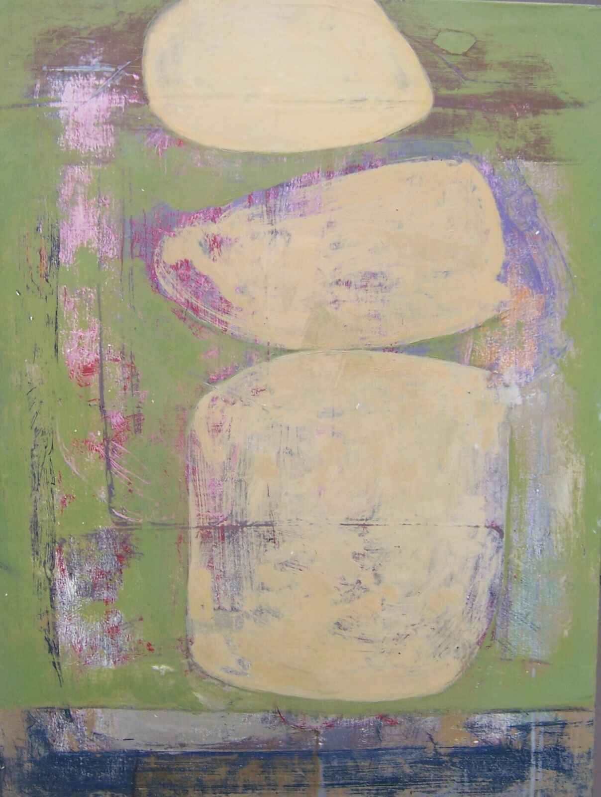 An abstract composition featuring three pale, rounded forms against a textured green background.