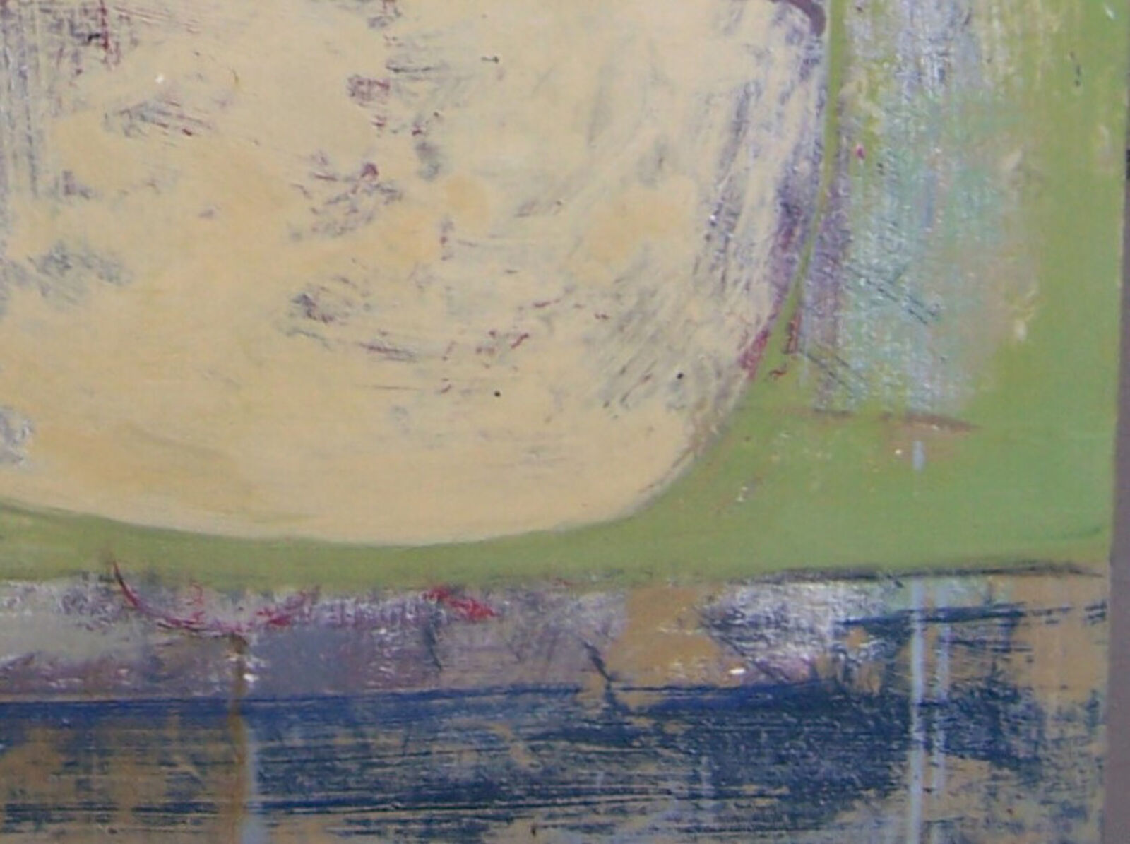 An abstract composition featuring three pale, rounded forms against a textured green background.