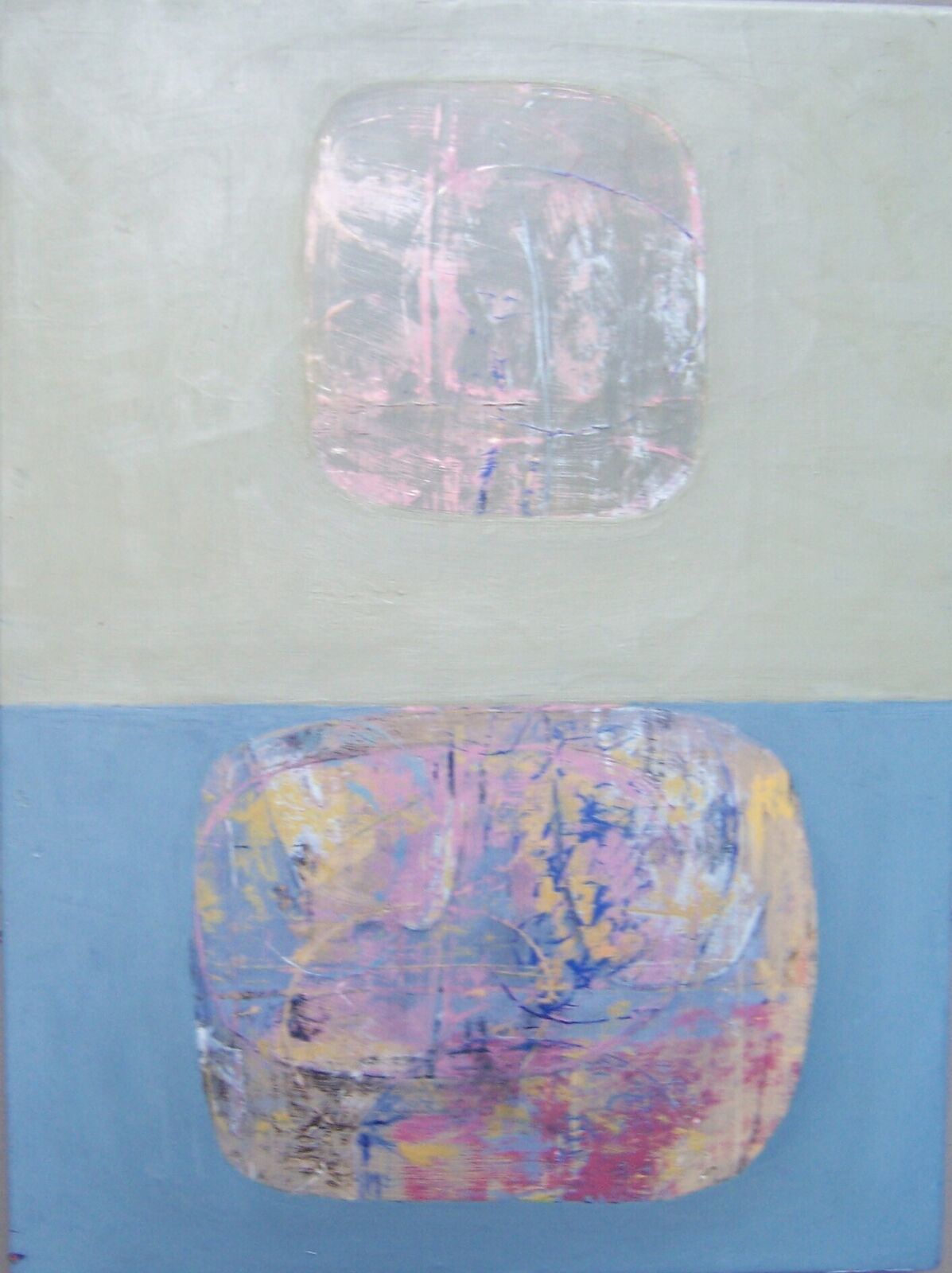 A vertical abstract painting featuring two rounded rectangular shapes against a split background of pale green and blue.