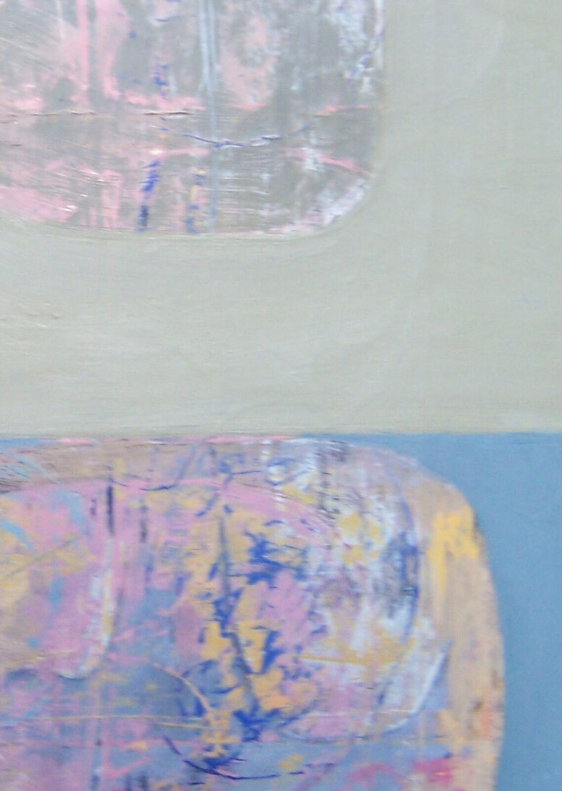 A vertical abstract painting featuring two rounded rectangular shapes against a split background of pale green and blue.
