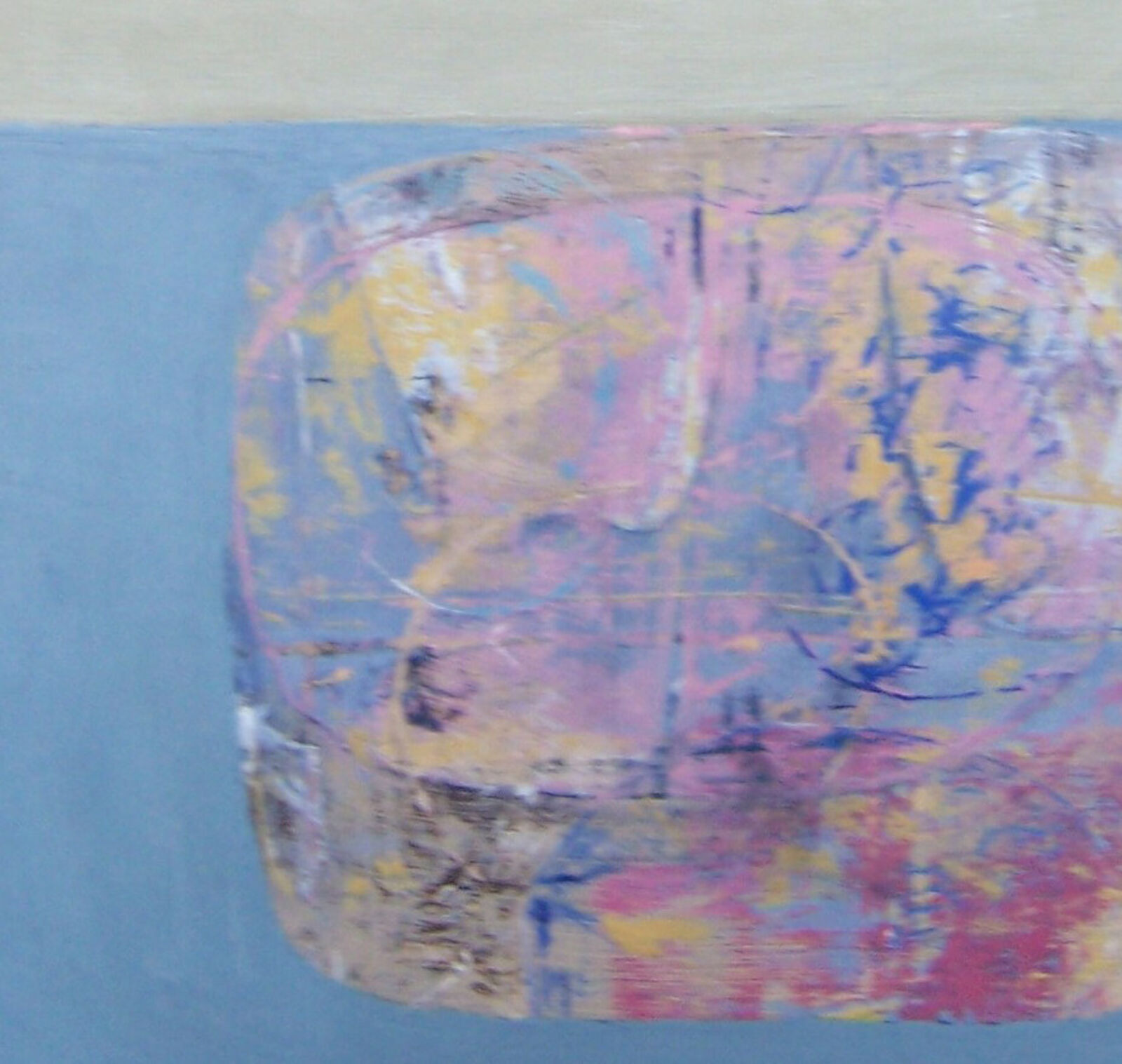 A vertical abstract painting featuring two rounded rectangular shapes against a split background of pale green and blue.