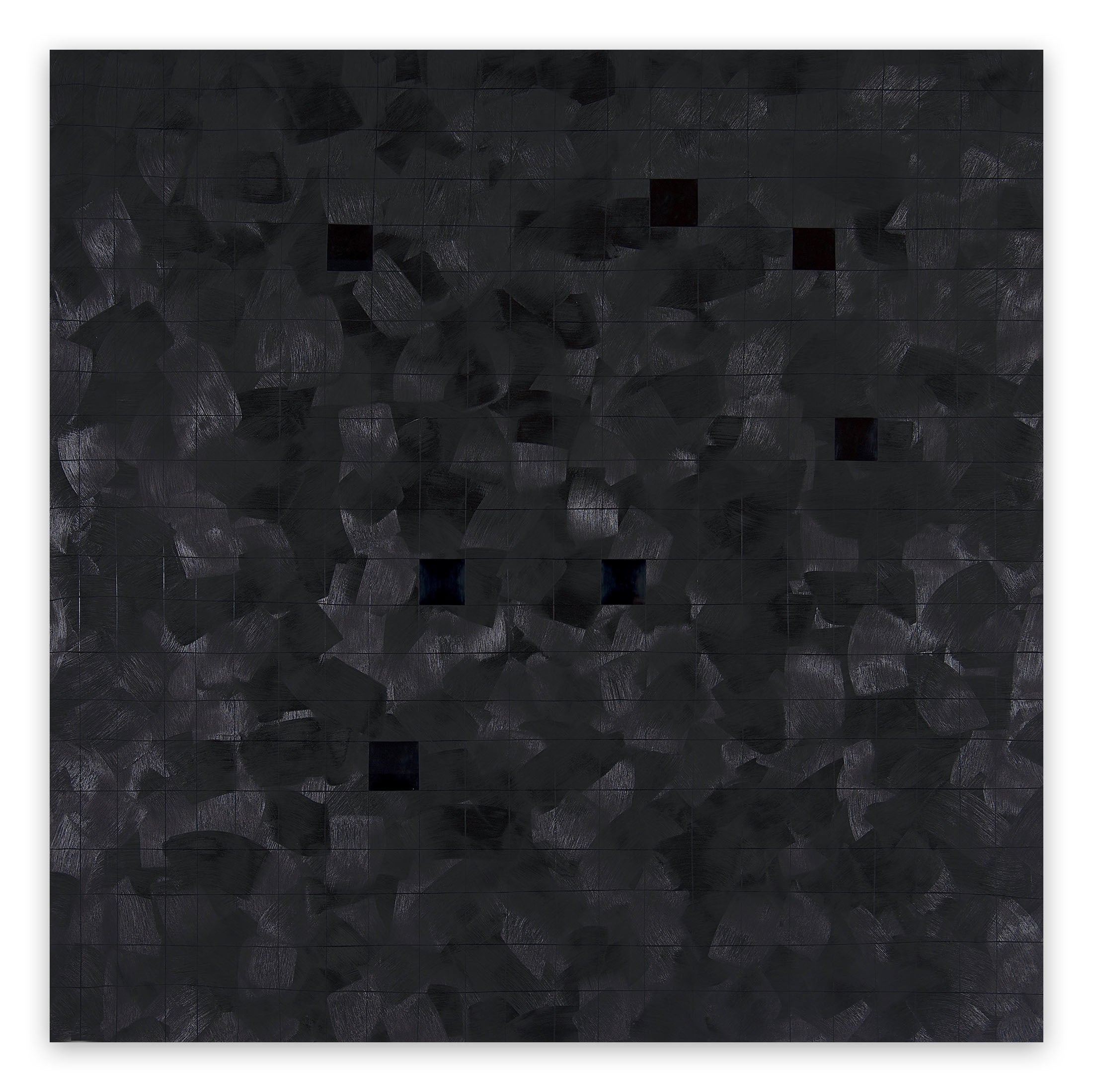 A black painting on a white wall with black squares.