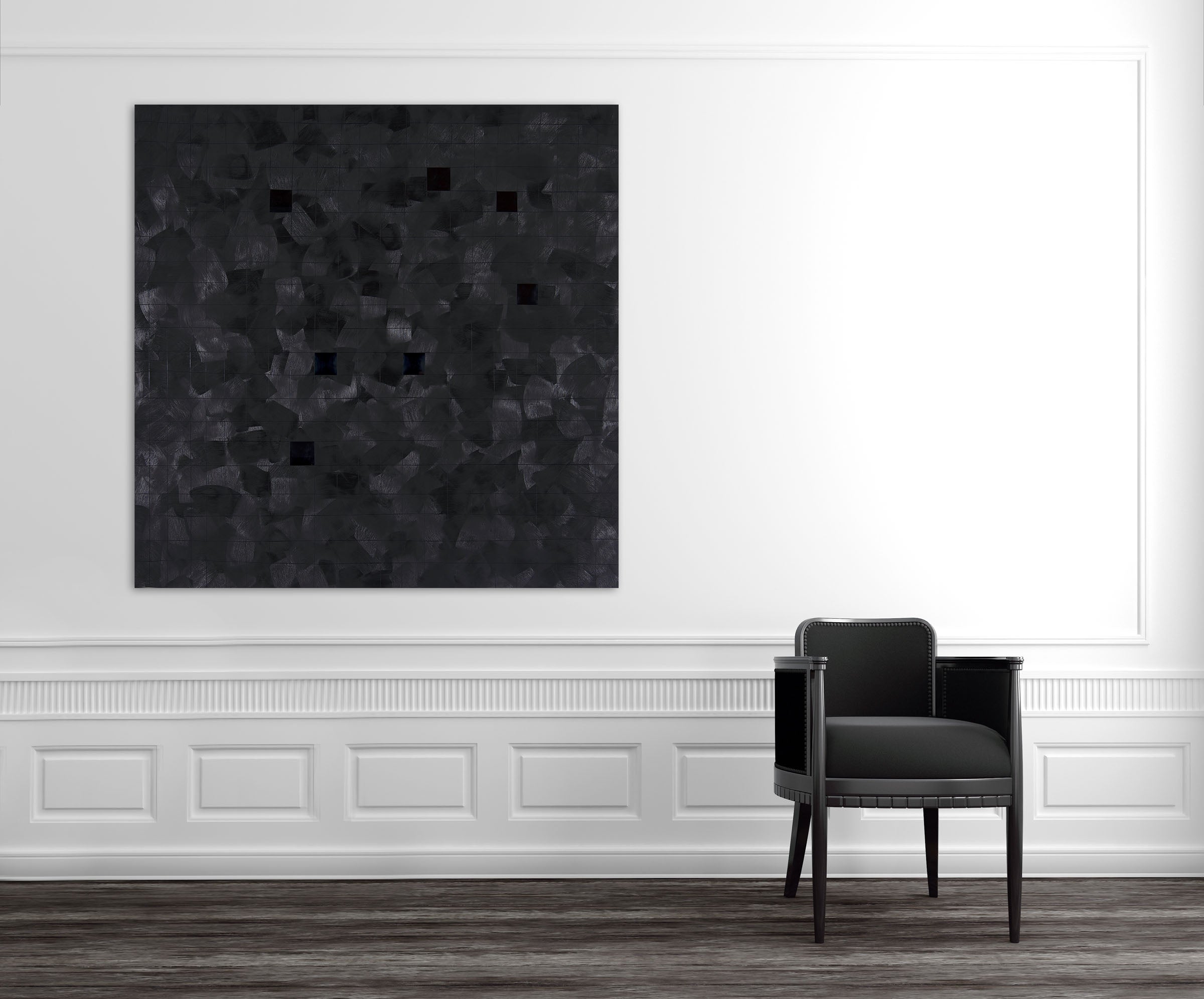 A black painting on a white wall with black squares.