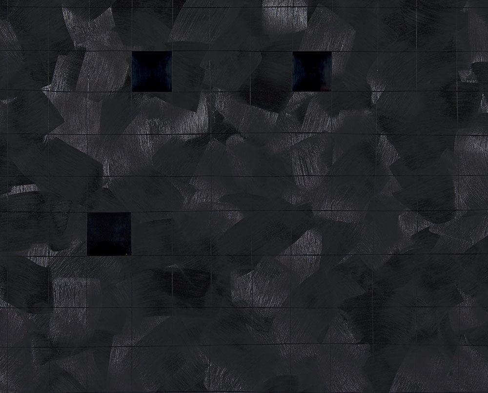 A black painting on a white wall with black squares.