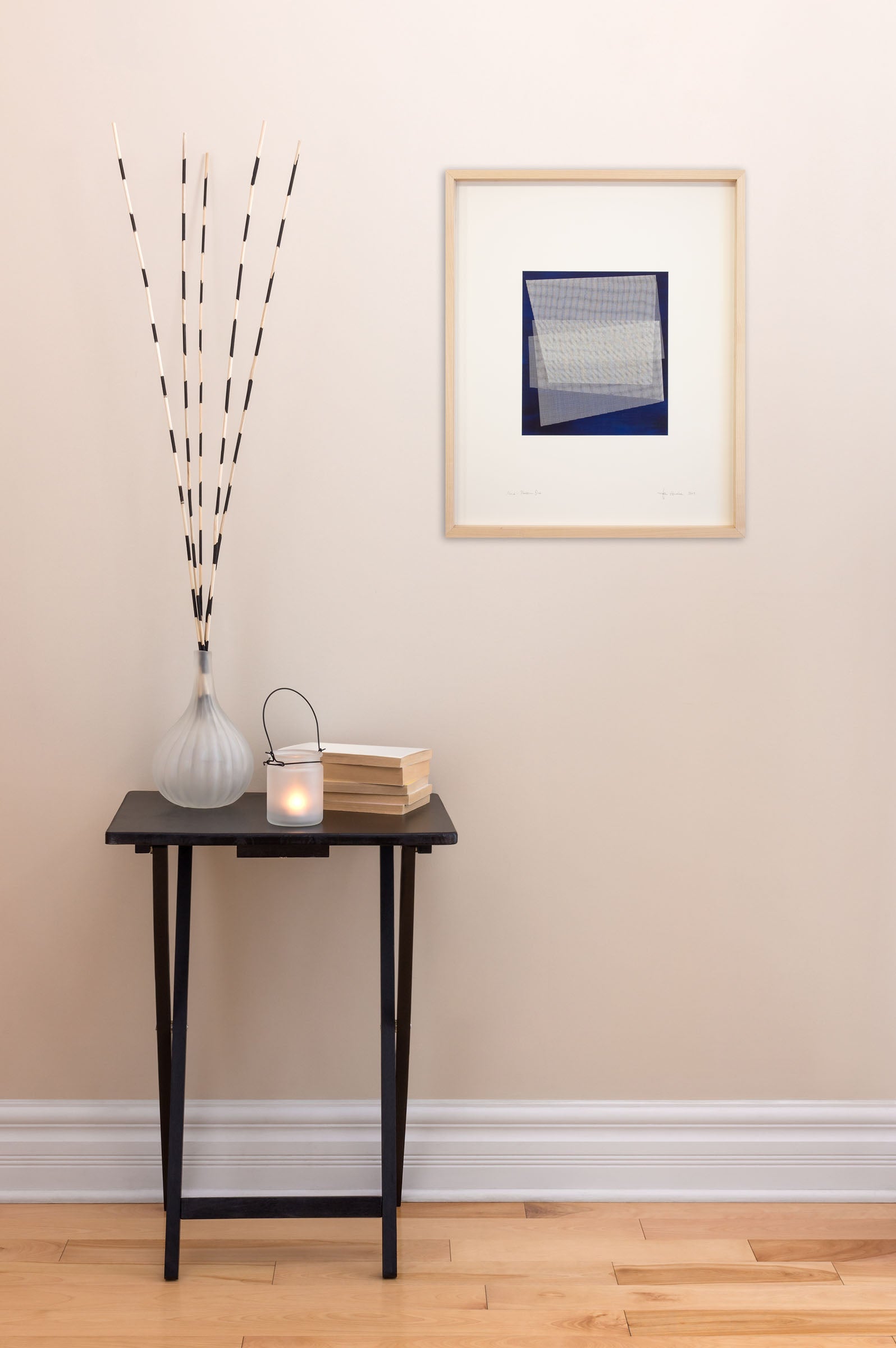 Artwork by Tom Henderson, Moiré Prussian Blue, Made of Acrylic on paper and Netting 