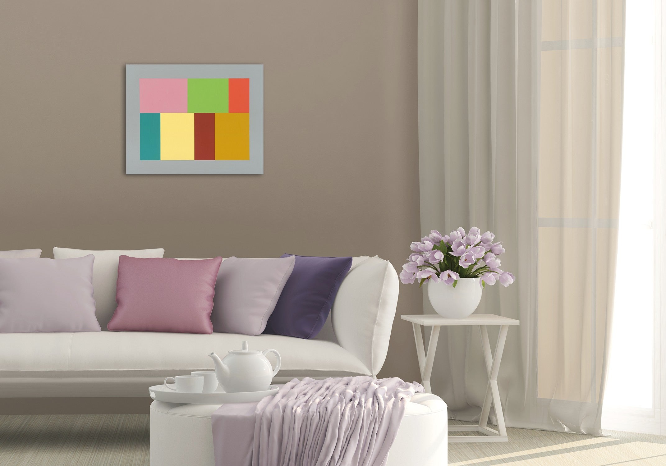 A picture of a colorful painting on a white wall.