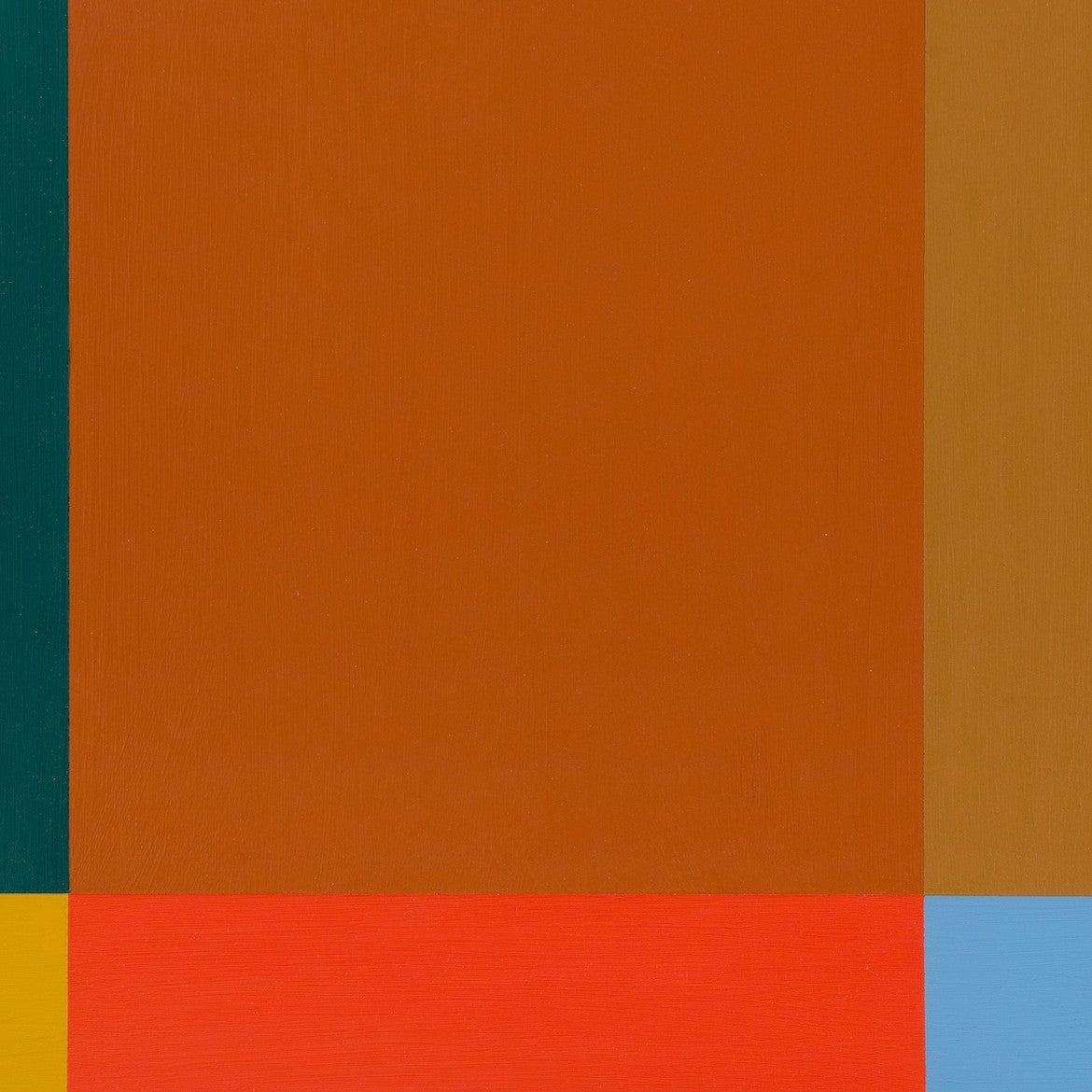An orange, blue, and green painting on a white wall.